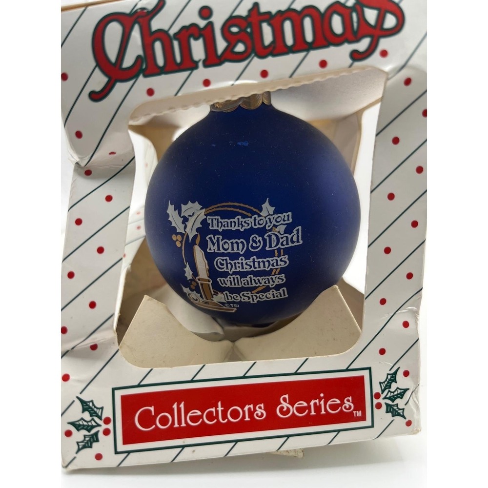 Vintage 1992 TSI Glass Christmas Ornament Mom and Dad Blue Collectors Series‎